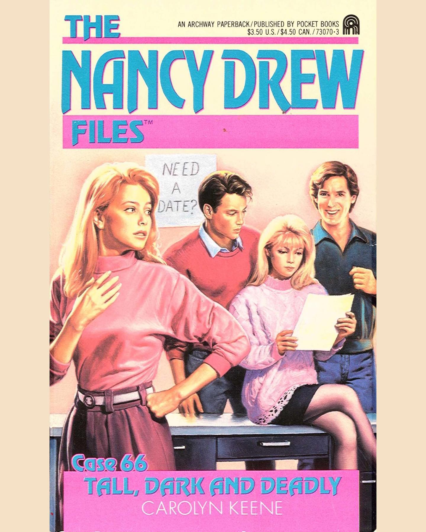 Todays read. 🤓
It includes a dating service at a school and Bess joins in. 🥳 That’s her in the background, with the boys! 😄 

#nancydrew #nancydrewfiles #carolynkeene #talldarkanddeadly